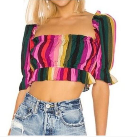 LPA x Revolve NEW Leila Multi Rainbow Stripe Ruffled Cropped Poof Sleeve Top XS - Picture 1 of 6